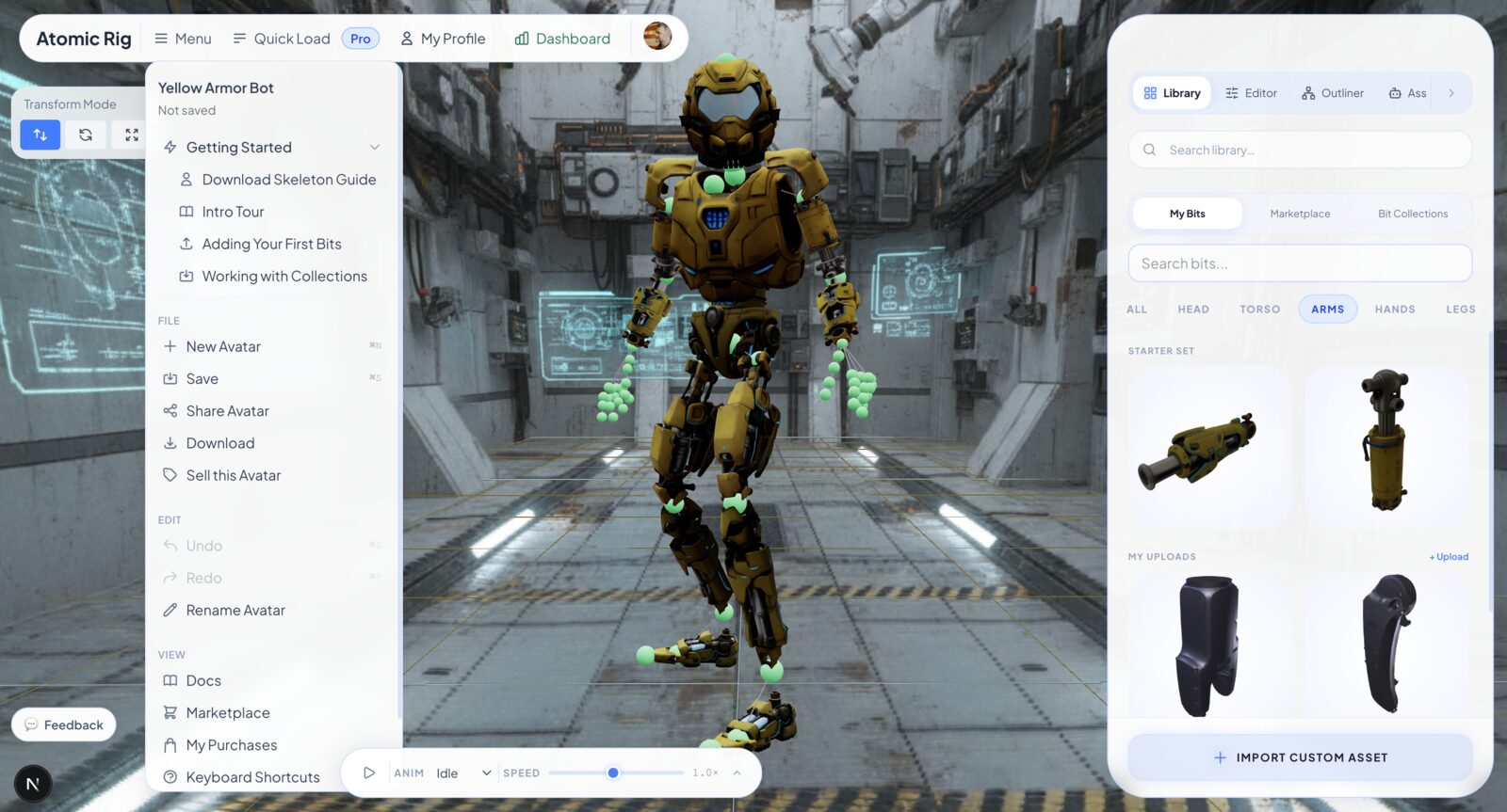 Atomic Rig editor showing a Yellow Armor Bot with the Library panel open to browse and assemble modular bits